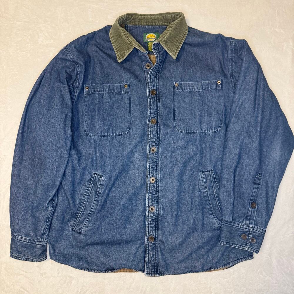 Y2K Cabela's Denim Shirt Jacket Corduroy Collar Flannel Lined Men's Tall XL